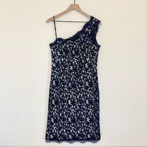 Tadashi Shoji One Shoulder Navy over White Lace Cocktail Dress